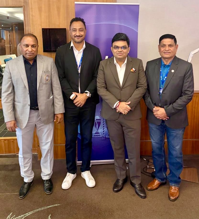 From L-R: BCCI Secretary Devajit Saikia, CAN Secretary Paras Khadka, ICC Chairman Jay Shah and CAN President Chatur Bahadur Chand.