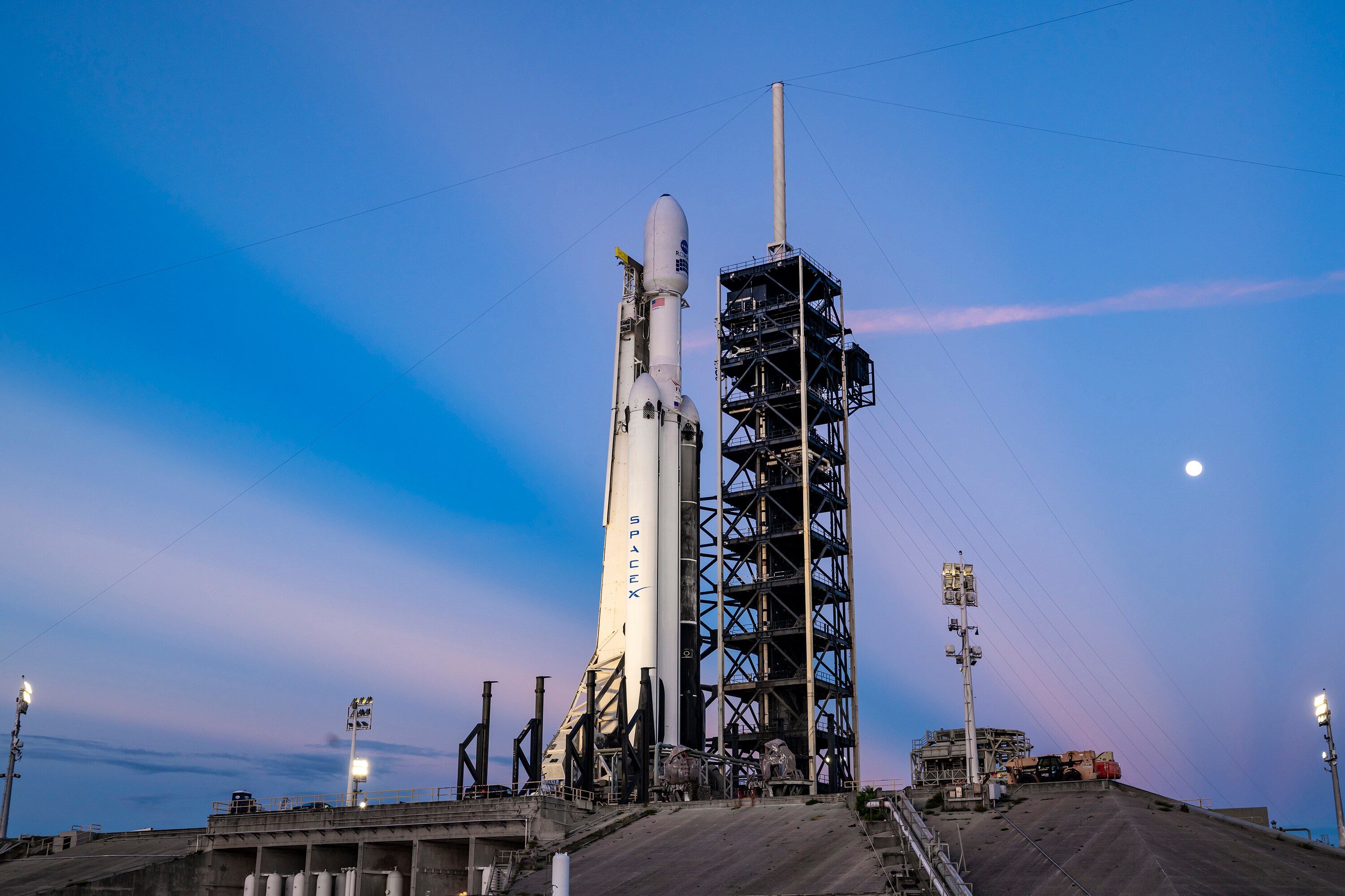 SpaceX's Falcon Heavy rocket, carrying the Roman telescope, is seen on the launch pad prior to launch. (Photo: Nasa)