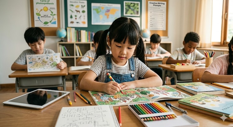 A young student immersed in hands-on learning, focusing on drawing and creativity as traditional pen-and-paper methods take center stage in the classroom. (Photo: AI Generated)