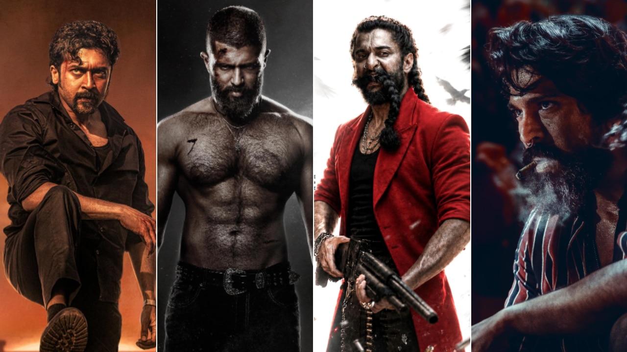 Lead characters in (from left to right) Suriya's Retro, Vijay Devarakonda's Kingdom, Nani's Paradise and Ram Charan's Peddi (Photo: IMDb)