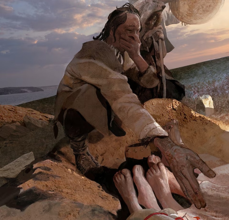A artist's illustartion showing hunter-gatherer community burying people who died from the plague. (Photo: Reuters)