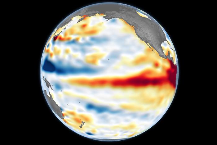 El Nino represented by rising sea surface temperatures. (Photo: Nasa)