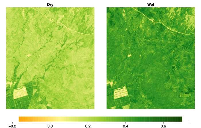 Comparison of vegetation greenness in dry versus wet season measured by satellite imagery. (Photo: Odd Jacobson)