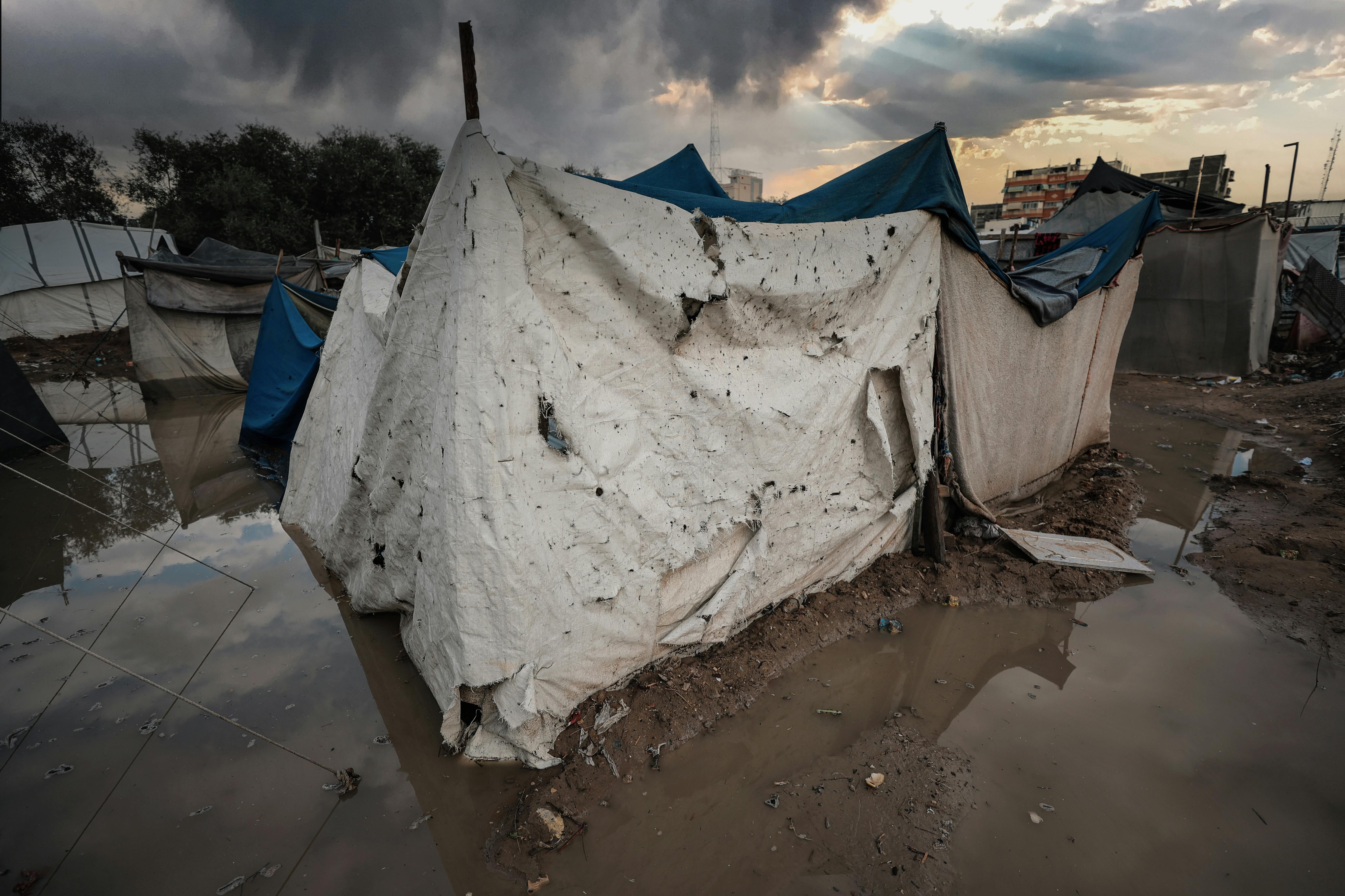 A damaged tent shelter in a flooded area of a Gaza refugee camp. (Photo: Pexels)