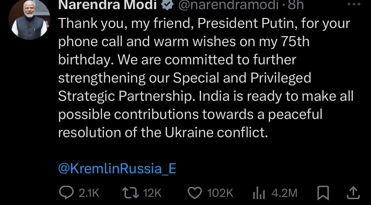 PM Modi thanked president Putin 
