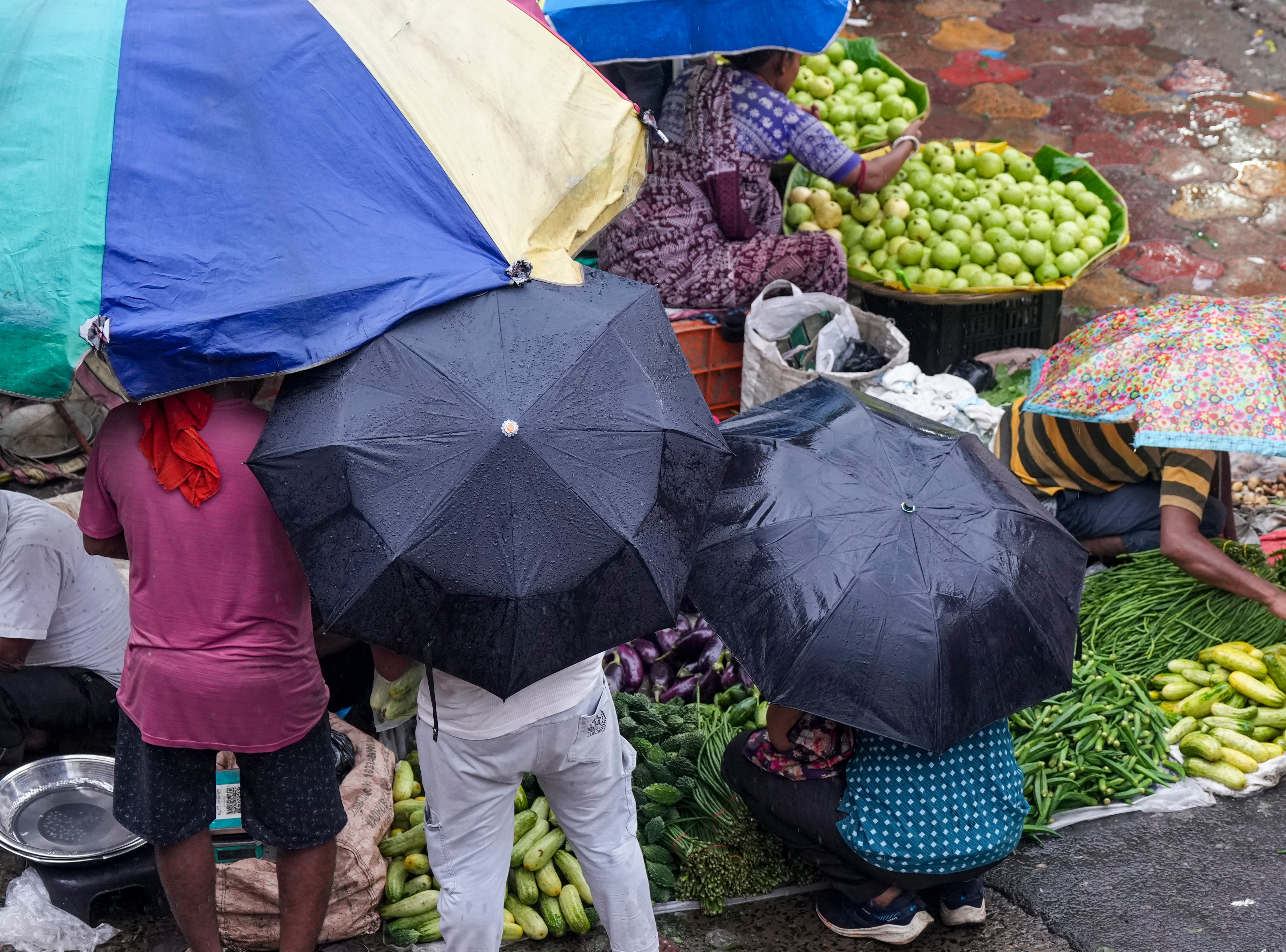 People are seen at a local market during rain triggered by a weather system. (Photo: PTI)