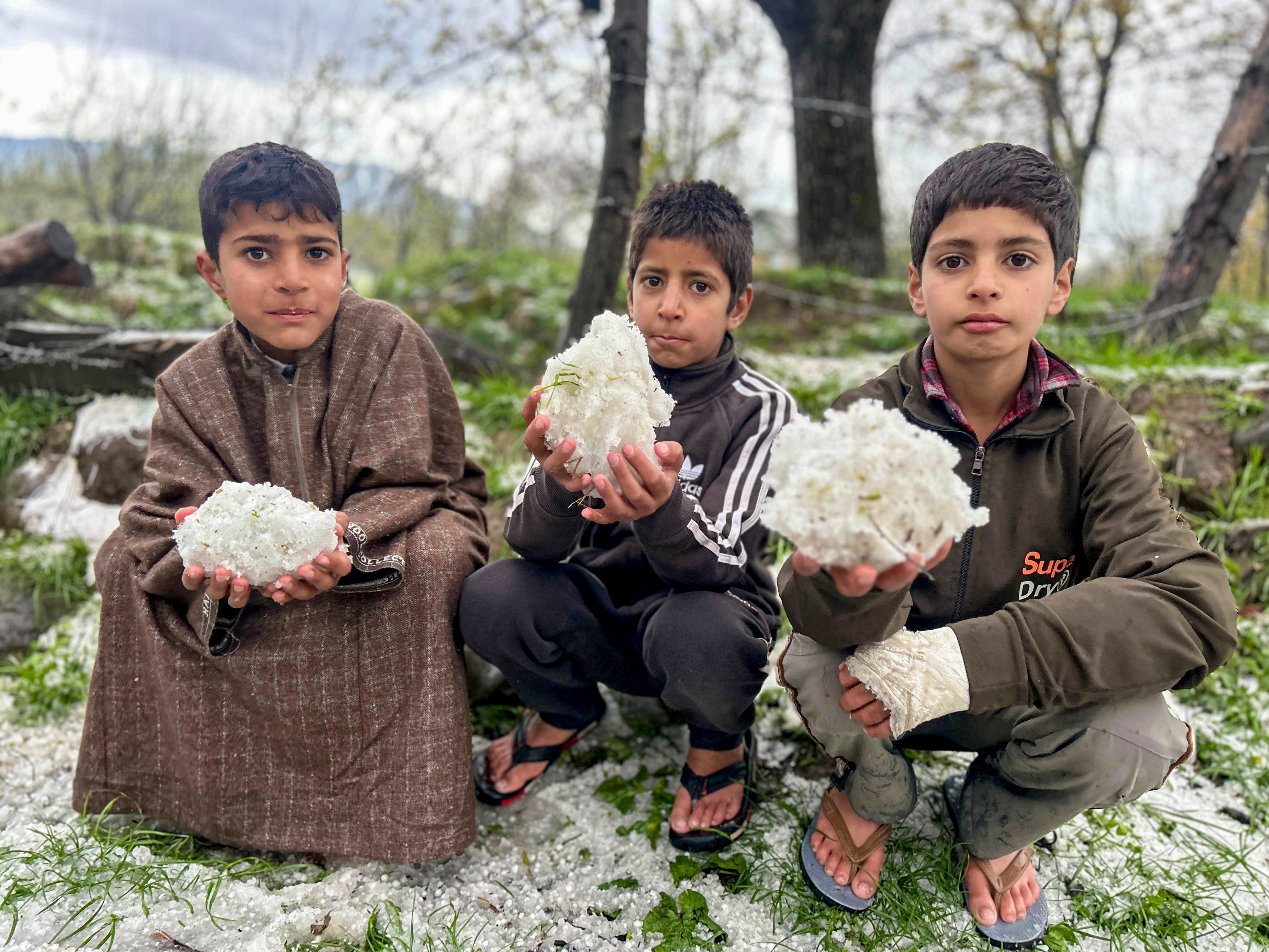 Children show hailstones after a massive hailstorm damaged apple crops in Kashmir. (Photo: PTI)