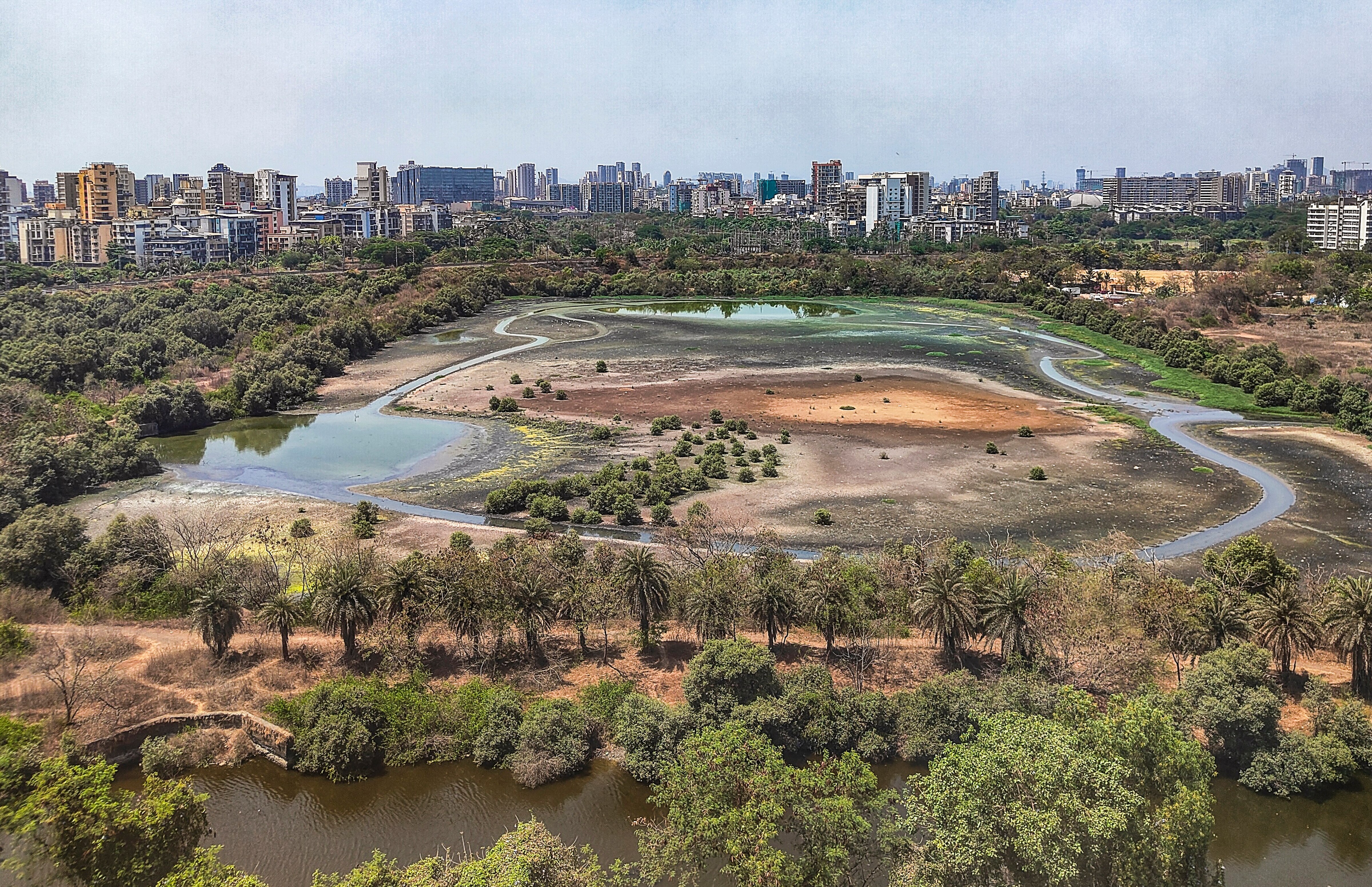 View of a dried-up pond near Navi Mumbai. (Photo: PTI)
