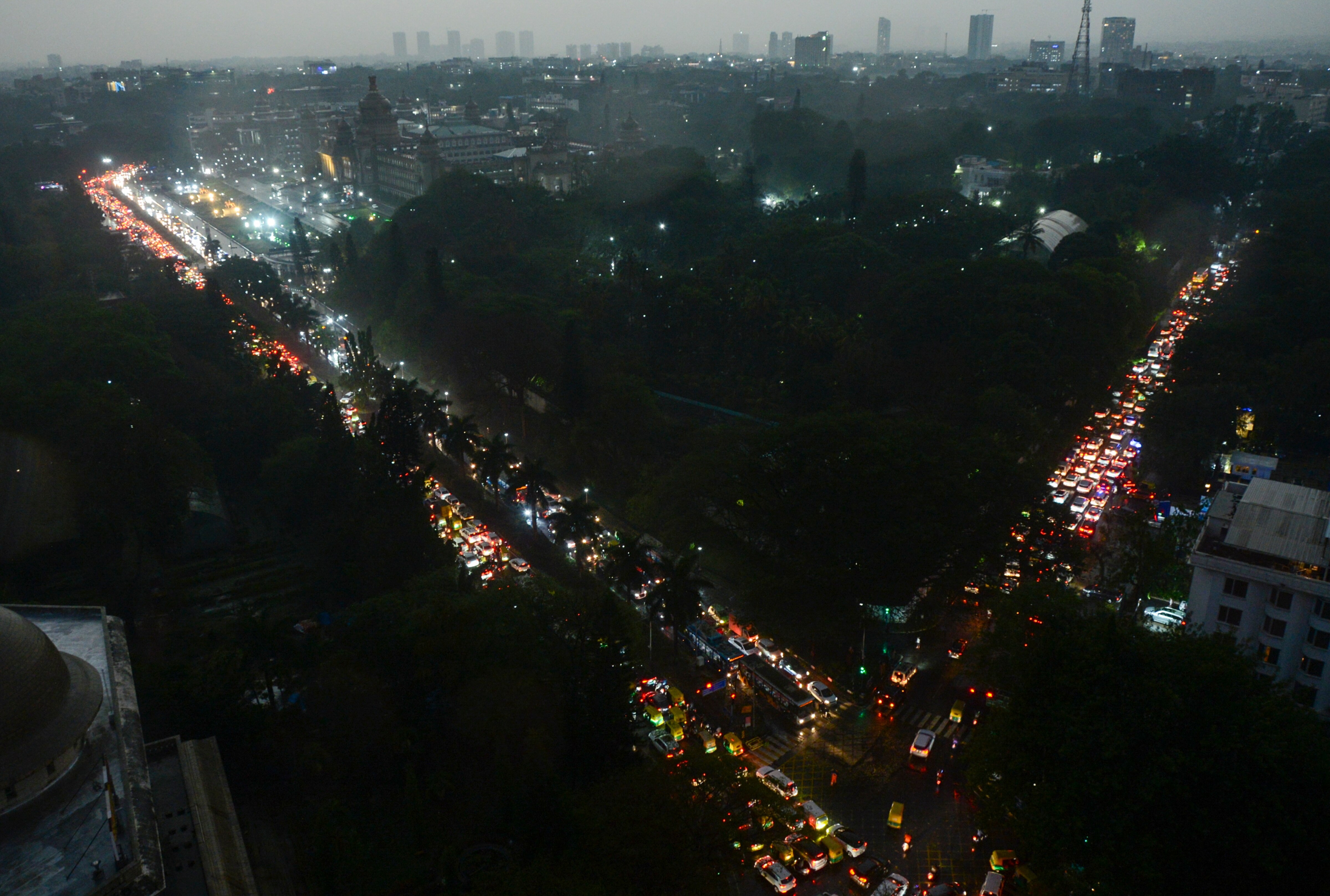 An aerial view of traffic congestion following heavy rain, in Bengaluru. (Photo: PTI)