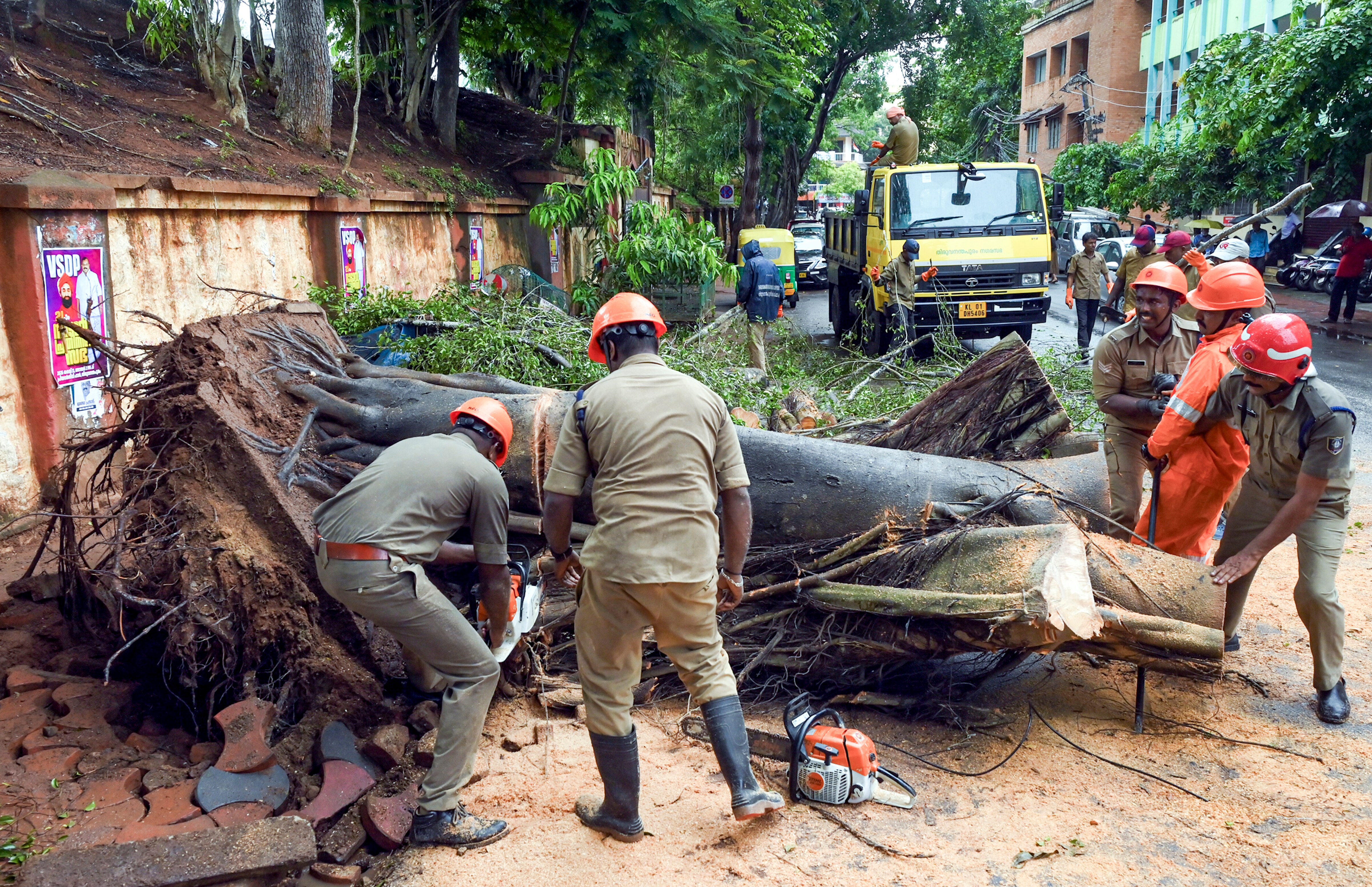 Fire and Rescue Services personnel remove an uprooted tree. (Photo: PTI)