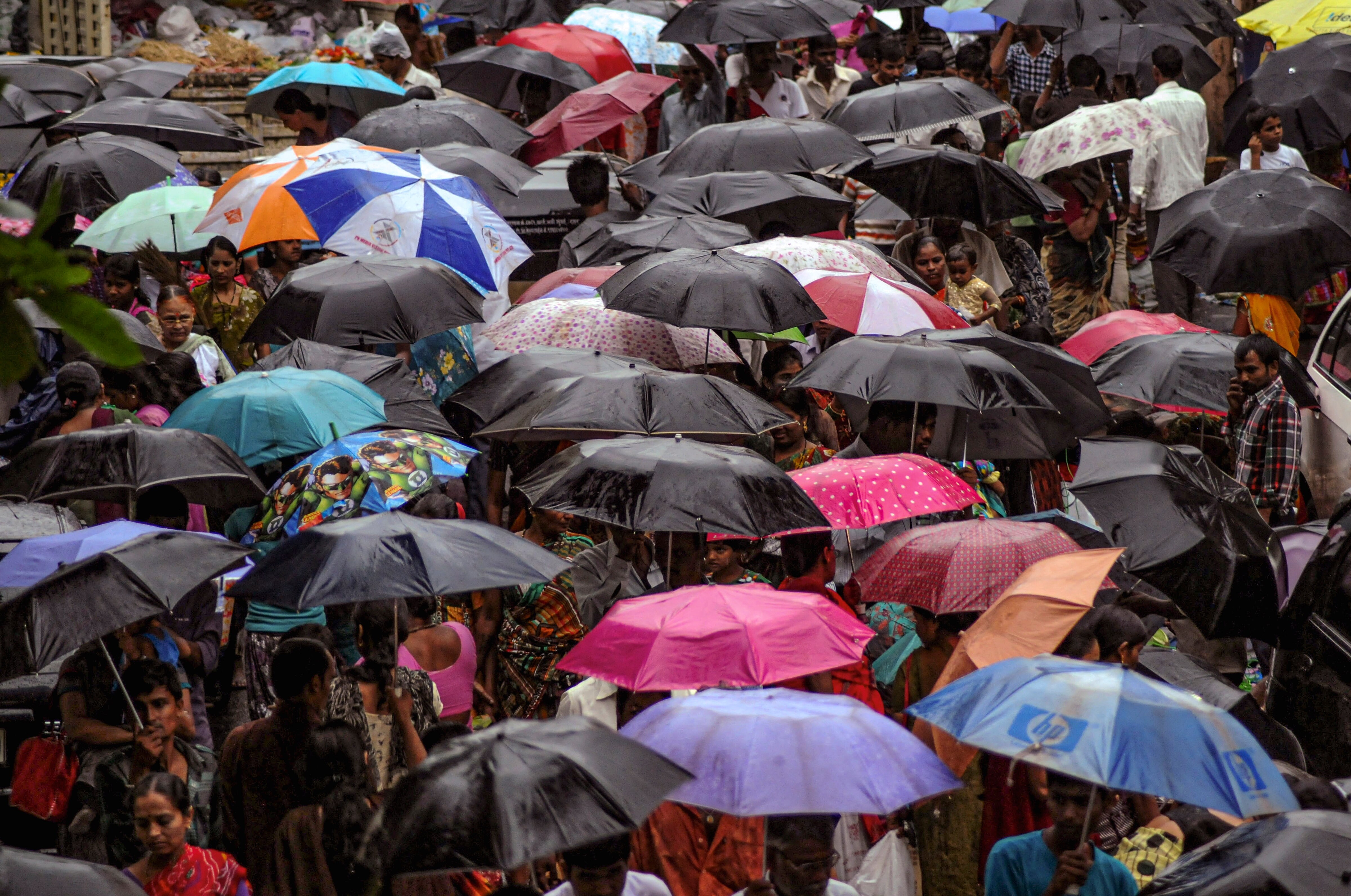 People with umbrellas crowd a street amid rain.(Photo: PTI)