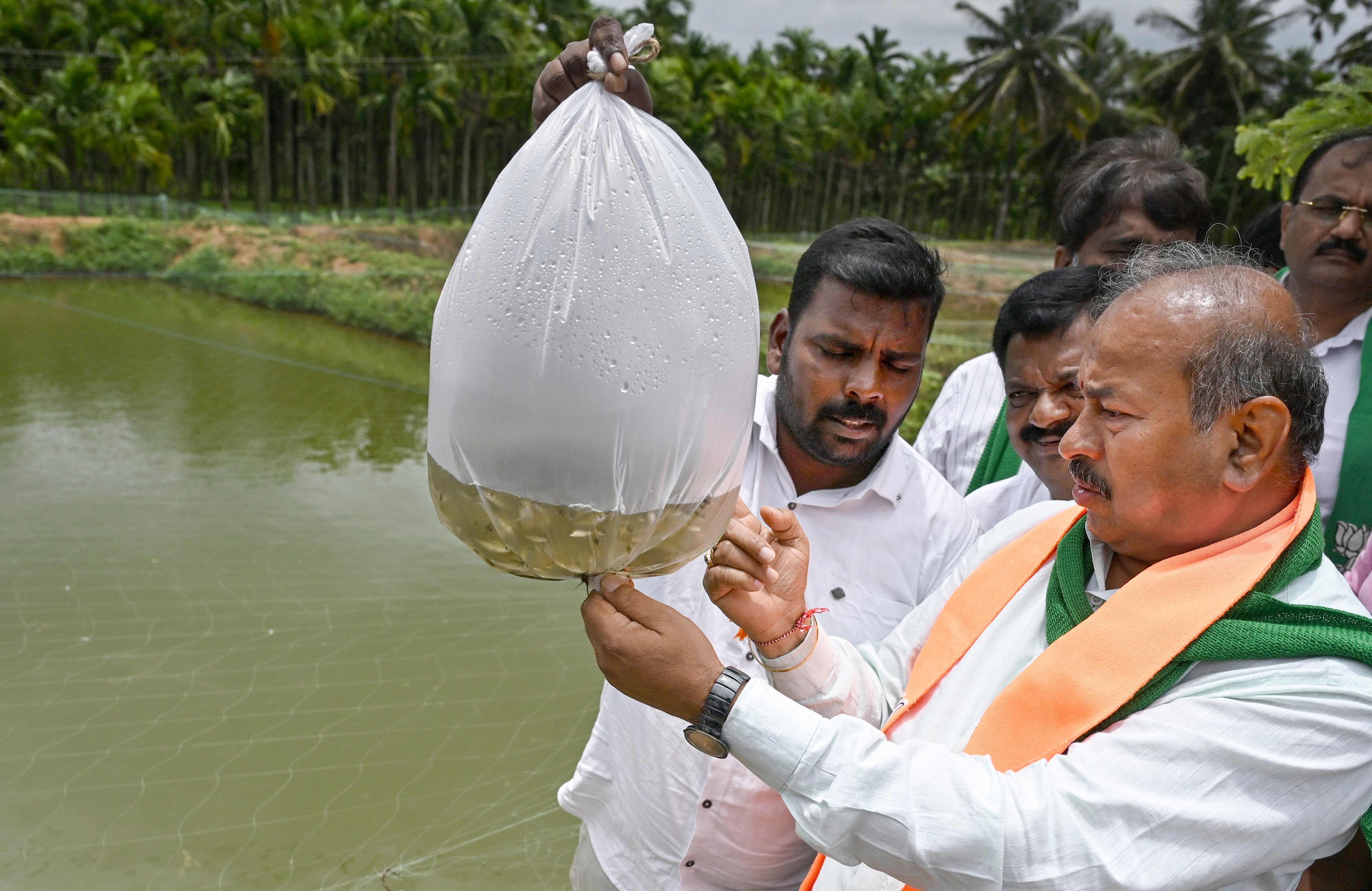 BJP MLA SN Channabasapp during an inspection of the drought-like situation, in Shivamogga, Karnataka. (Photo: PTI)