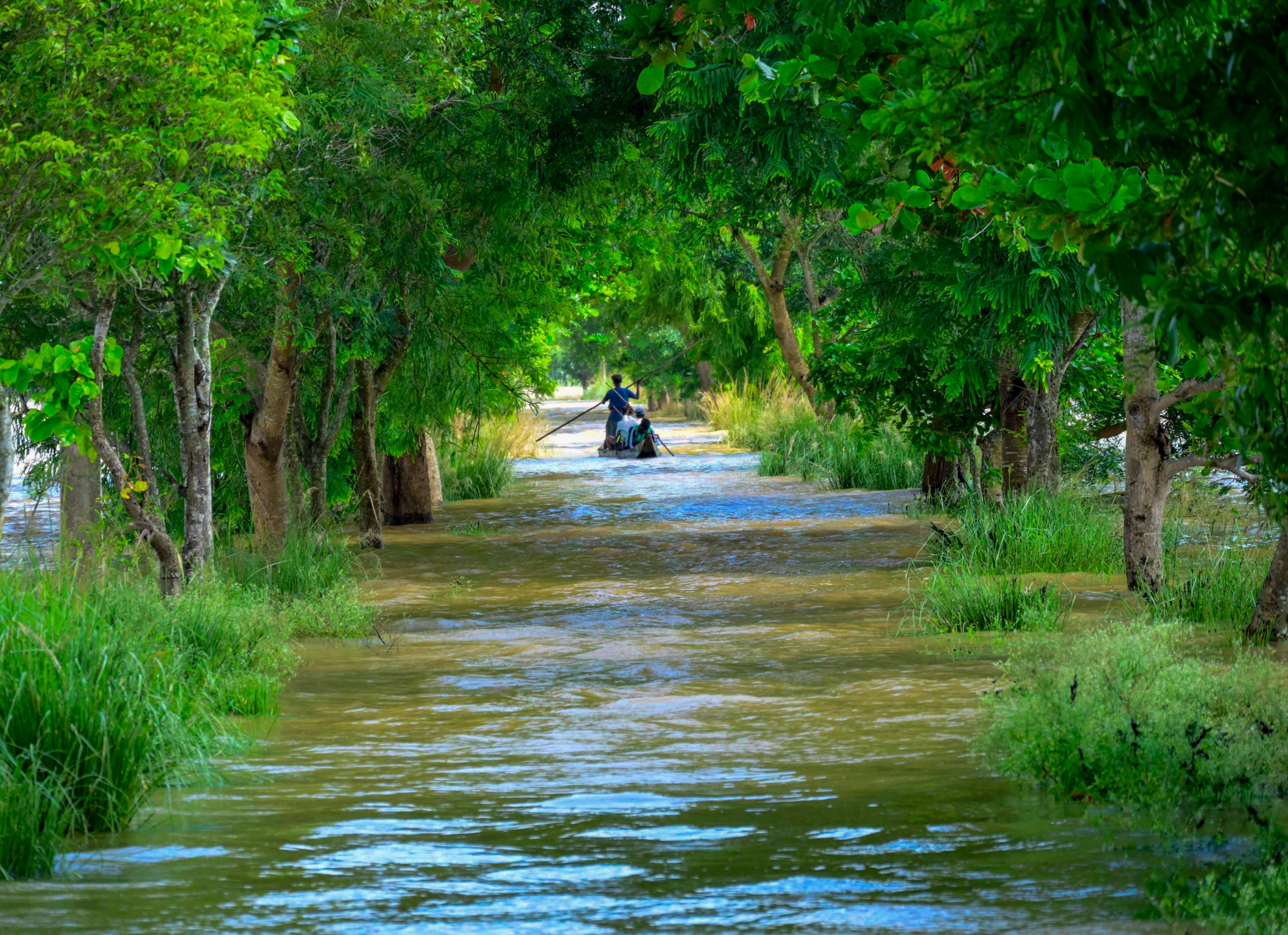 People use a boat to wade through a flood-affected area at Banki, Odisha. (Photo: PTI)