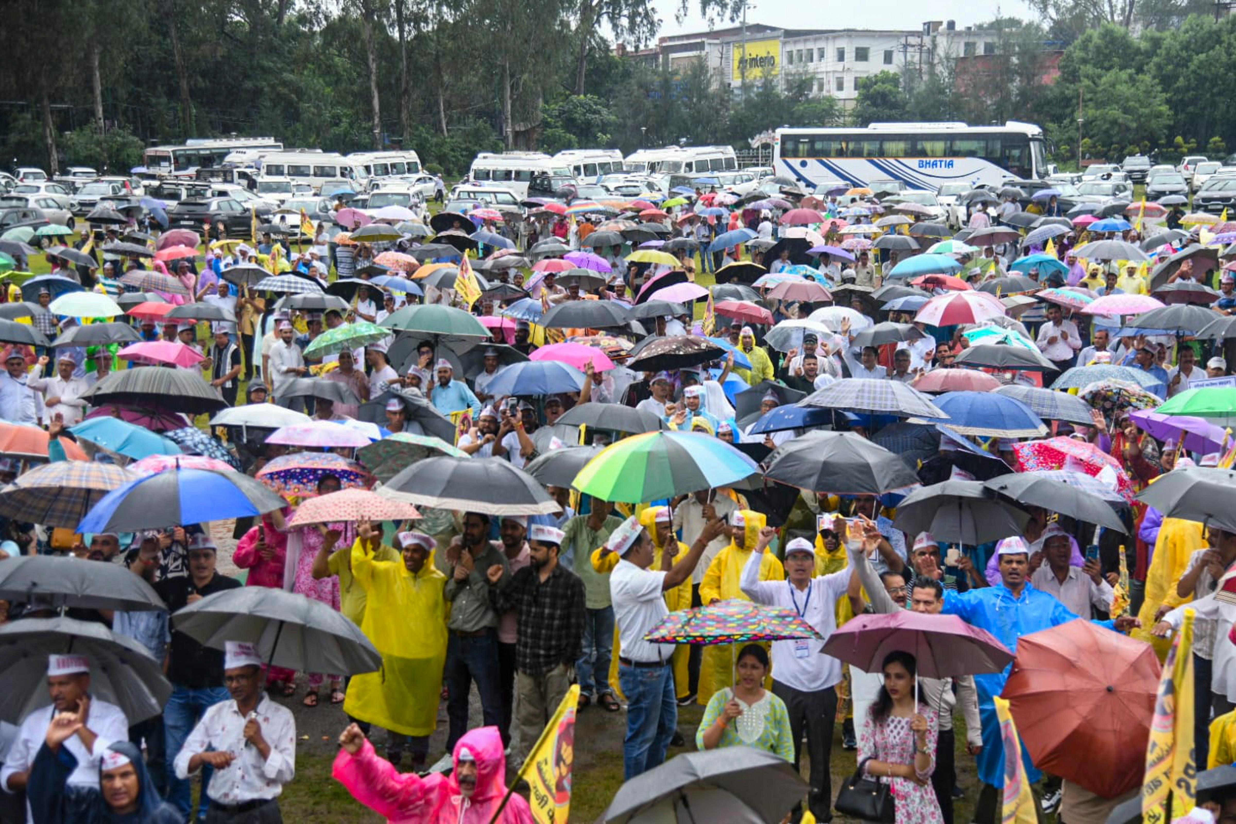 People cover themselves with umbrellas as they walk amid rainfall. (Photo: PTI)