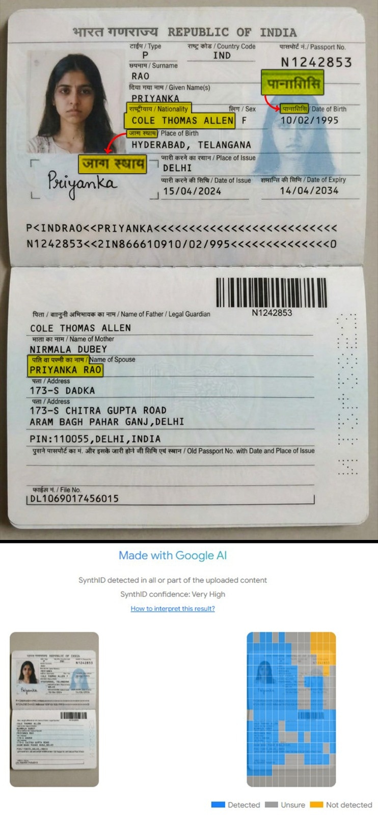 The photo of Cole Allenâ€™s â€˜Indian wifeâ€™ is synthetic; as is the photo of her â€˜Indian passportâ€™. There are no reports of Allen being married at all.