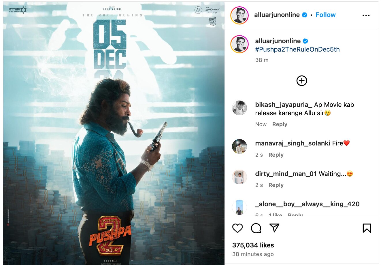 Latest poser of Pushpa 2 shared by Allu Arjun with the new release date