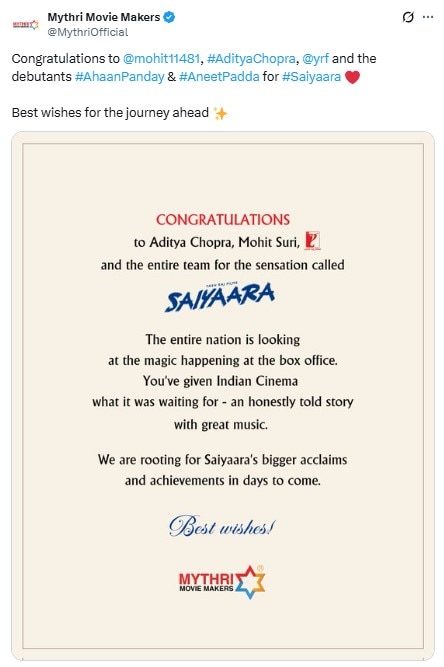 A screenshot of the X post by Mythri Movie Makers