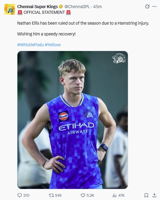 Nathan Ellis has been officially ruled out of IPL 2026. (Image: Screengrab/X)