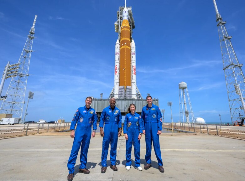 Artemis-II crew pictured in front of the Artemis-II spacecraft on the launch pad. (Photo: Nasa)