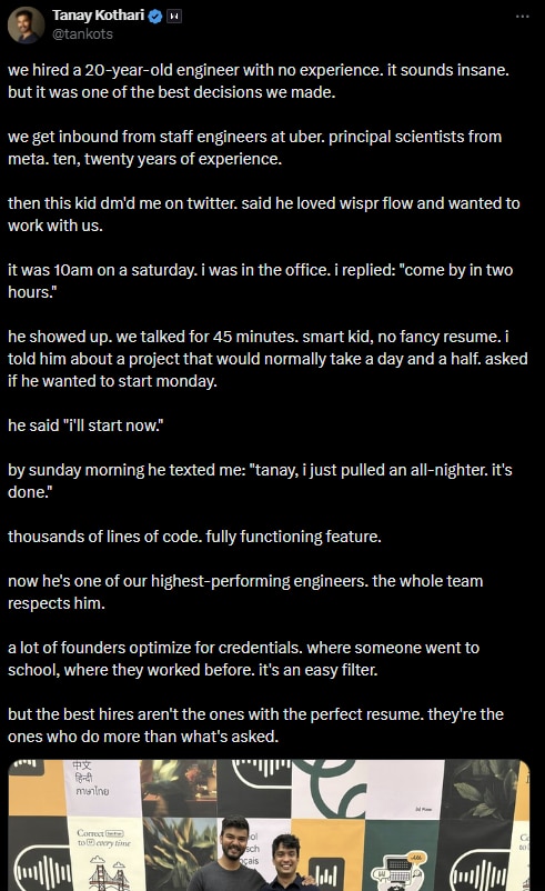 Indian founder hires 20-year-old with no prior work experience, shares why