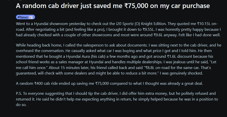Man shares how his cab driver helped him save Rs 75,000 on car purchase