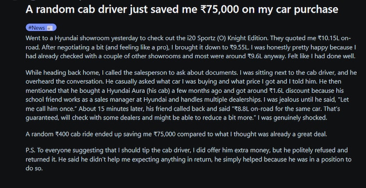 Man shares how his cab driver helped him save Rs 75,000 on car purchase