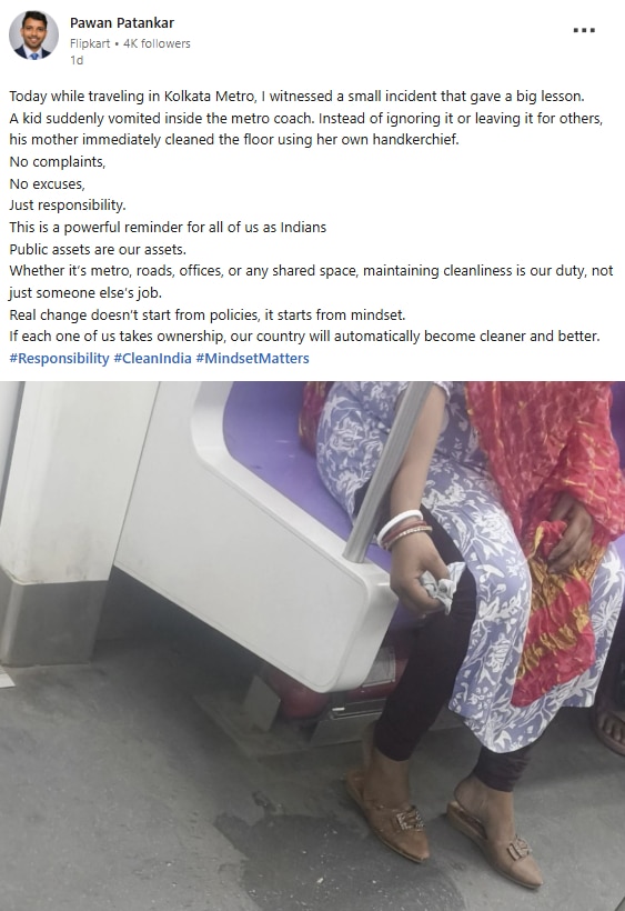 Bengaluru man shares post on mother cleaning sonâs vomit in Kolkata Metro coach