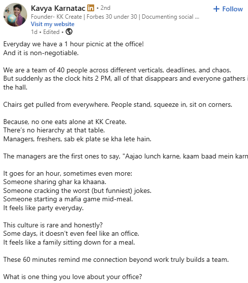 Mumbai founder pauses work for 1-hour 'picnic' with employees everyday, shares why