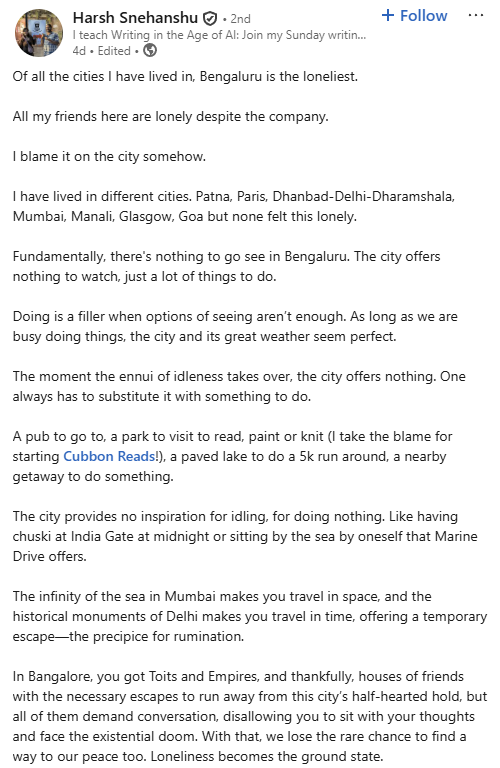 Man calls Bengaluru his loneliest city despite having active social life, shares why