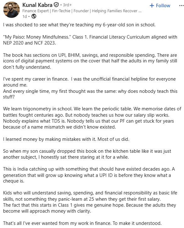 Bengaluru man finds school book on finance in 6-year-old son's bag, shares his take