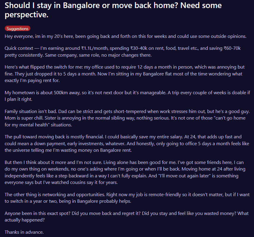 Bengaluru man earning Rs 1.1 lakh monthly asks Reddit this one difficult question