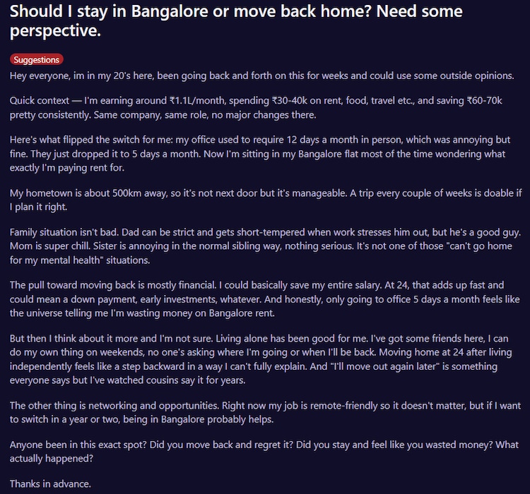 Bengaluru man earning Rs 1.1 lakh monthly asks Reddit this one difficult question