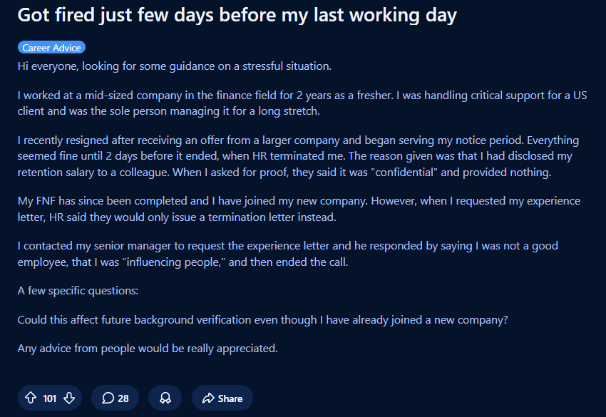 Employee fired 2 days before notice period ends, HRâs reason has people confused