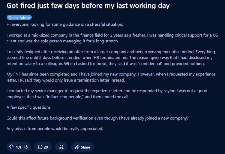 Employee fired 2 days before notice period ends, HRâs reason has people confused