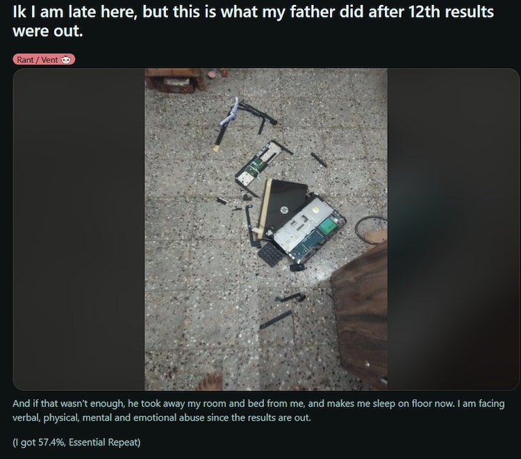 CBSE Class 12 student gets 57.4%, father smashes laptop, makes him sleep on floor