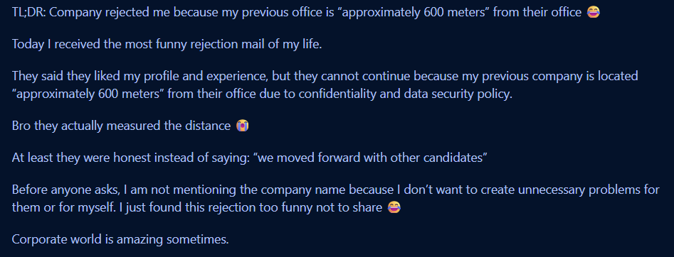 Company rejects candidate over âbizarreâ distance policy, internet is still processing