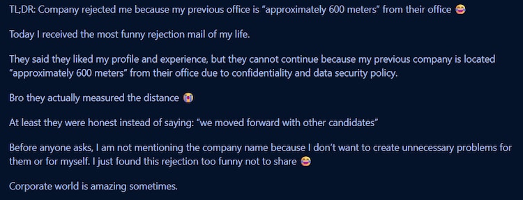 Company rejects candidate over âbizarreâ distance policy, internet is still processing