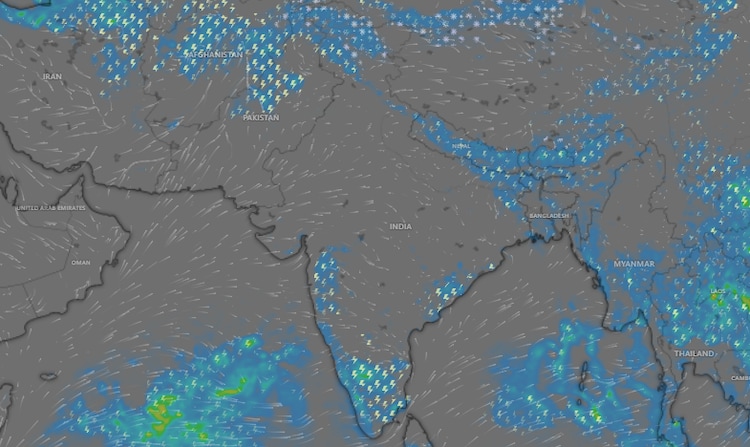 A weather map showing rain forecast for regions in South India. (Photo: Windy)