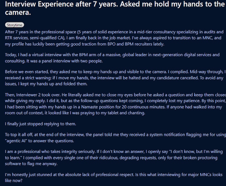 Interviewerâs anti-cheating namaste trick for candidate leaves Reddit stunned
