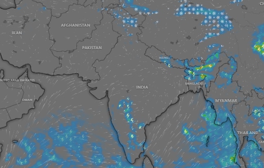 A weather forecast map shows rain and storm moving northward from South India in the coming days. (Photo: Windy)