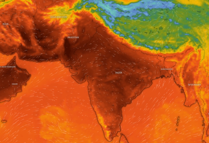 A weather map showing extreme heat across northern and central India on May 26. (Photo: Windy)