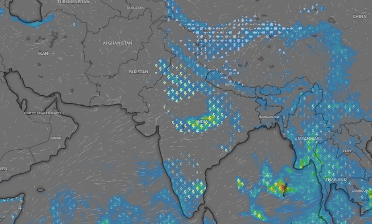 A satellite weather image shwoing rain conditions across India on Saturday, May 30. (Photo: Windy)