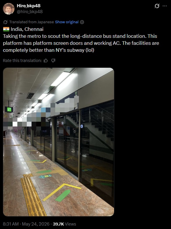 Japanese tourist compares Chennai Metro to New York subway, shares honest take