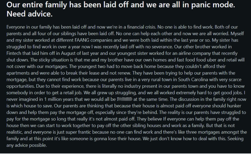  US man shares heartbreaking post after entire family gets laid off