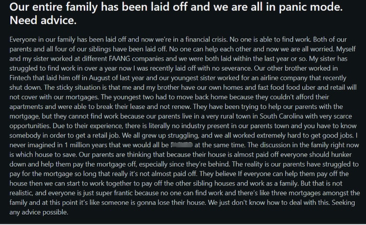 US man shares heartbreaking post after entire family gets laid off
