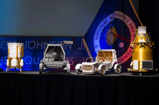 An image of the models of the rovers and landers that are part of the Moon Base missions. (Photo: Nasa)