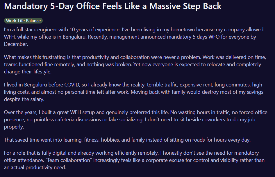 Bengaluru techie's rant after WFH job switches to 5-day WFO ordeal goes viral