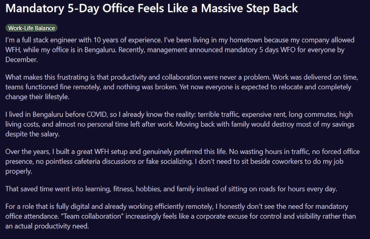Bengaluru techie's rant after WFH job switches to 5-day WFO ordeal goes viral