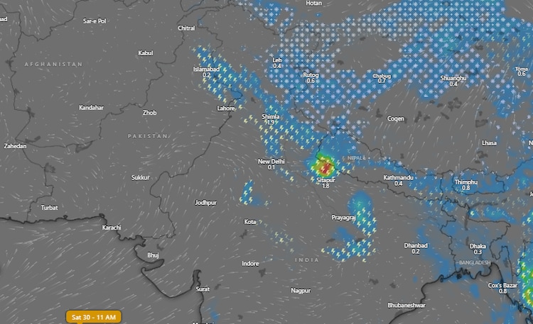 A weather forecast map predicts rain and storm in New Delhi on May 30. (Photo: Windy)