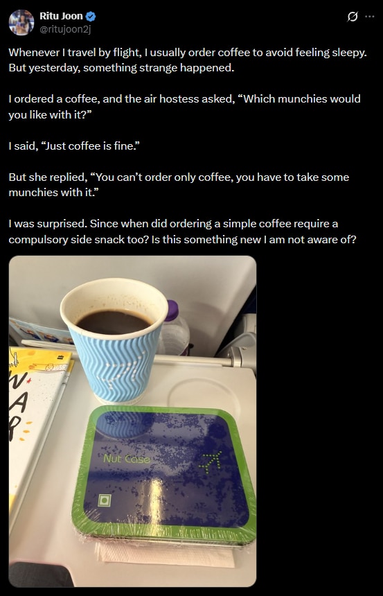 IndiGo passenger asks for just coffee, crew's reply leaves her puzzled